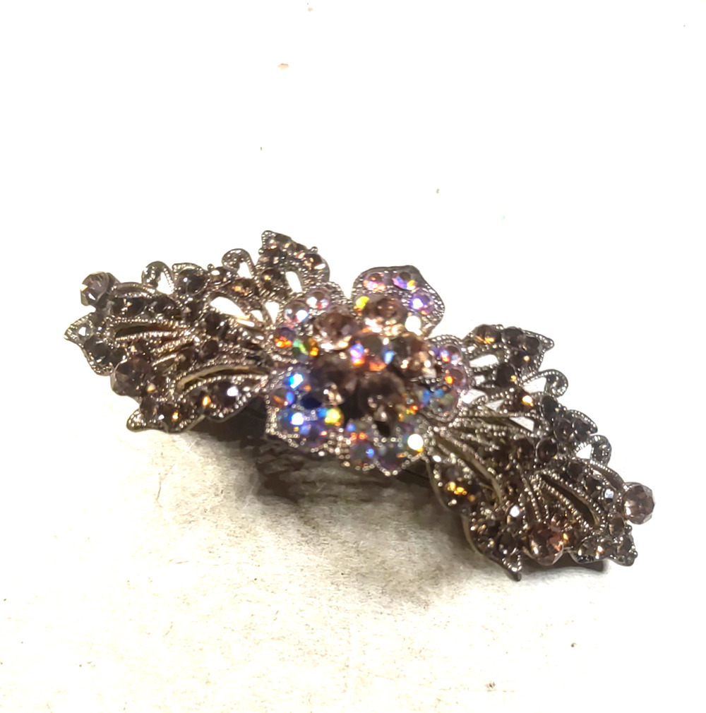 Hair Barrette Tension Clip Brown Gold Tone Floral Heavy Well Made Party
